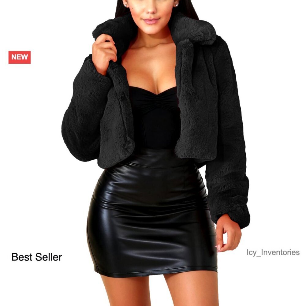 Faux Fur Cropped Coat Long Sleeve Shaggy Lapel Winter Warm Outerwear Chic